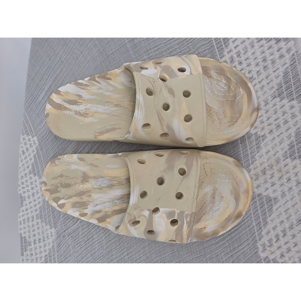 Crocs Classic Marbled Slides Mens 9 Womens 11 Tan White Sandal 206121-2Y3